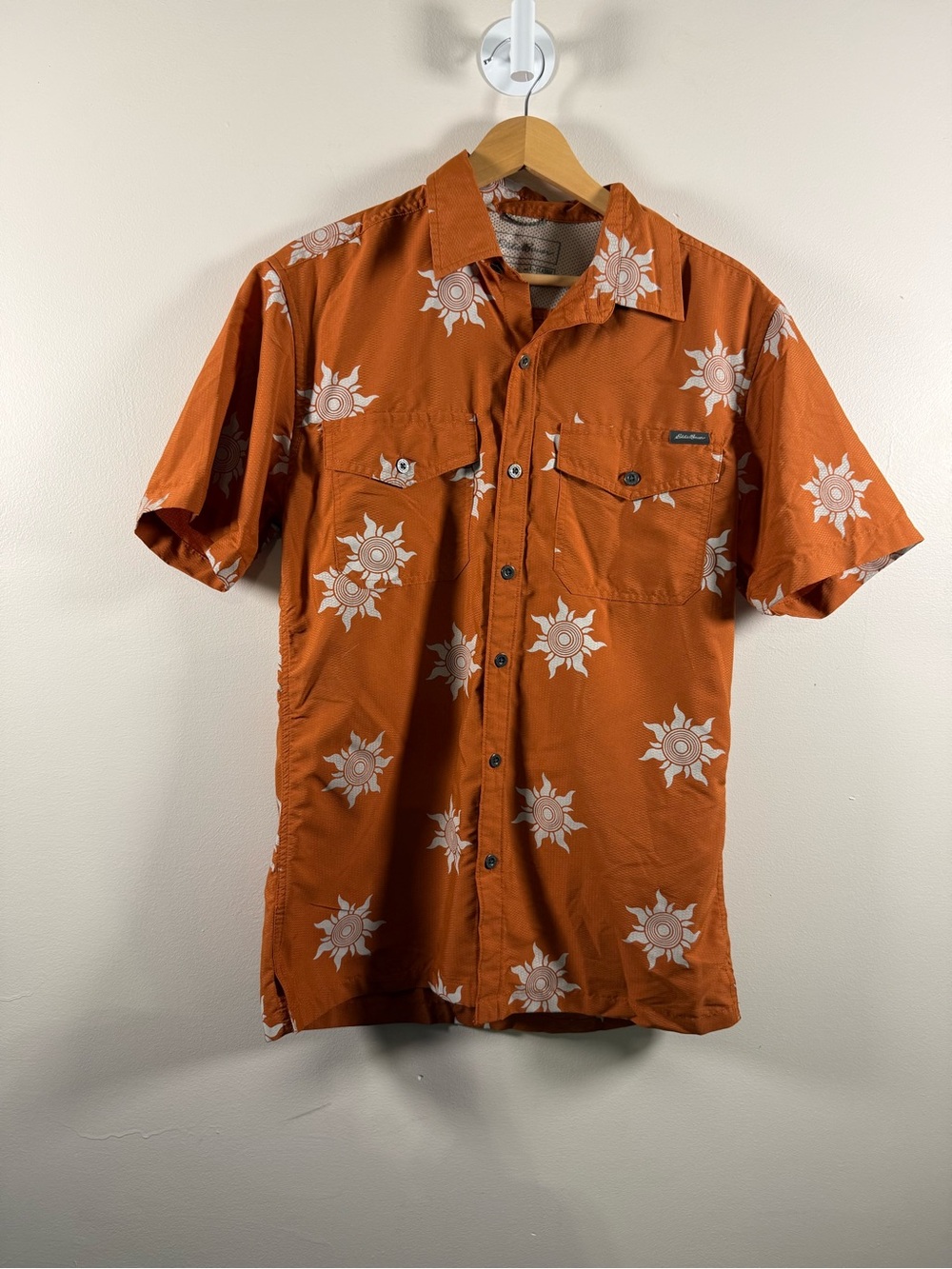 Eddie Bauer Orange Short-Sleeve Button-Down with White Sun Print